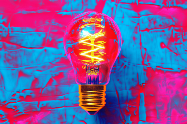 “Illustration représentant une ampoule lumineuse dans un style néon coloré, symbolisant une idée ou une innovation, avec des concepts de propriété intellectuelle, droit d’auteur et contrefaçon associés (piactu.fr).”