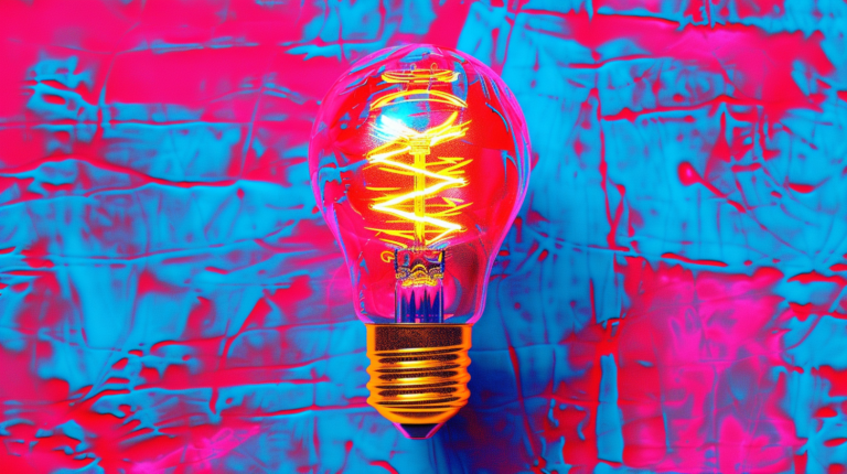 “Illustration représentant une ampoule lumineuse dans un style néon coloré, symbolisant une idée ou une innovation, avec des concepts de propriété intellectuelle, droit d’auteur et contrefaçon associés (piactu.fr).”