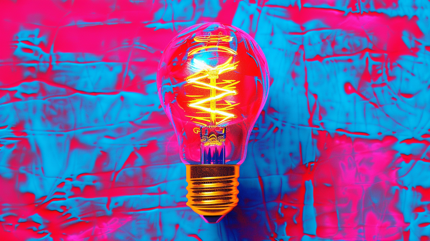 “Illustration représentant une ampoule lumineuse dans un style néon coloré, symbolisant une idée ou une innovation, avec des concepts de propriété intellectuelle, droit d’auteur et contrefaçon associés (piactu.fr).”